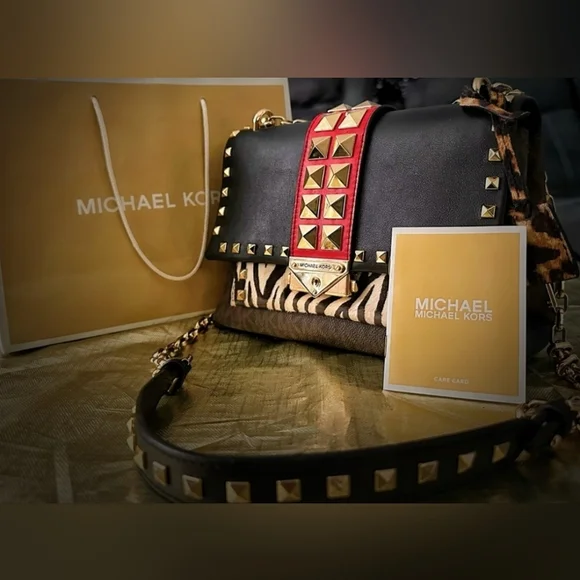 Michael Kors Cece Medium Logo Mixed-Media Convertible Black & Red Studded Bag - Picture 12 of 15